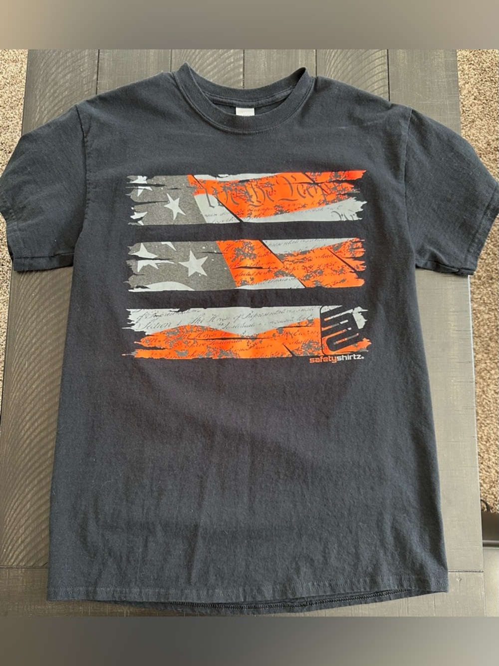 Gildan Black Short-Sleeve Tee with Orange & White Graphic Flag